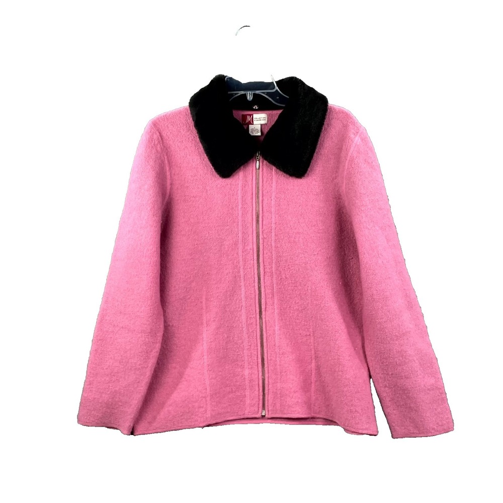 JM Collection Wool Jacket Women Large Pink Full Zip Faux Fur Collar Warm Classic